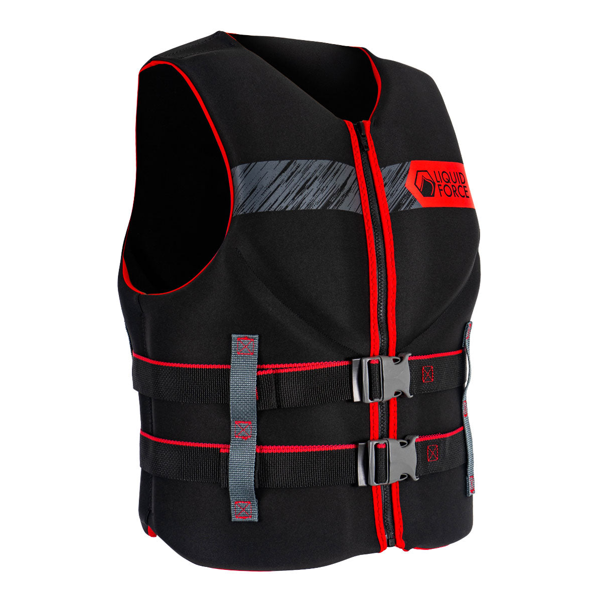 Front view of Classic Hinge CGA Life Jacket in black/red, two buckles, Liquid Force chest logo.