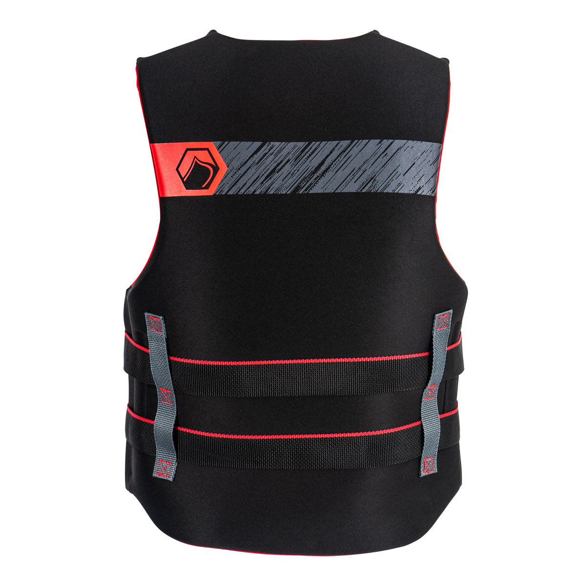 Rear view of Classic Hinge CGA, black/red jacket with gray straps and hexagon logo.
