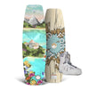 Top and bottom view of Holiday w/ Vida 6X: A mountain/floral design wakeboard with white boots