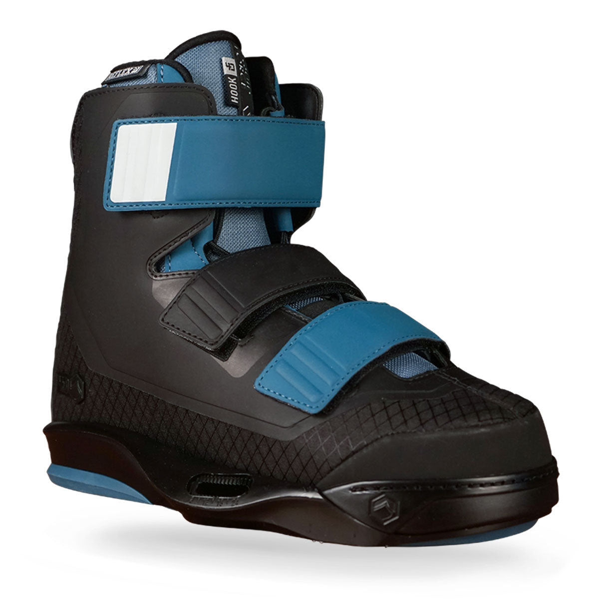 Liquid Force wakeboard boot in black and blue with Velcro straps and textured design for secure bindings.
