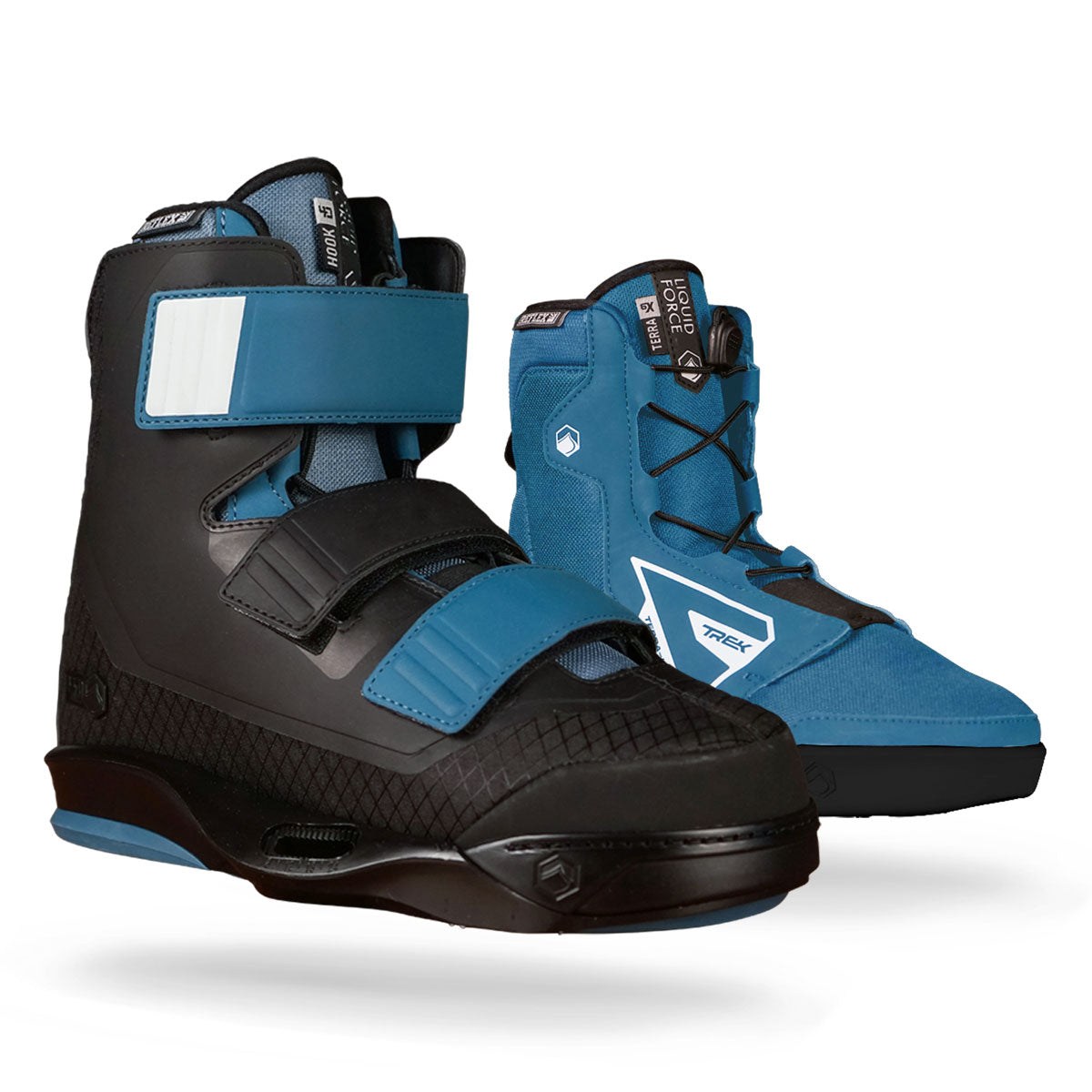 Liquid Force wakeboard boot in black and blue with Velcro straps and textured design for secure bindings.