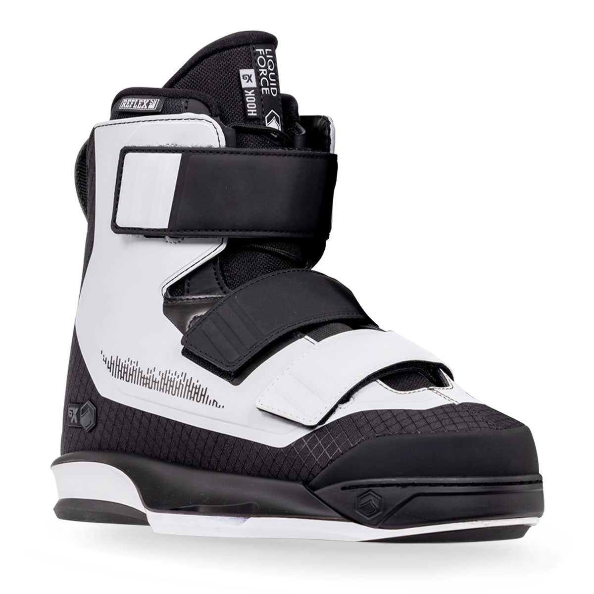Black and white wake boots with adjustable straps on a white background.