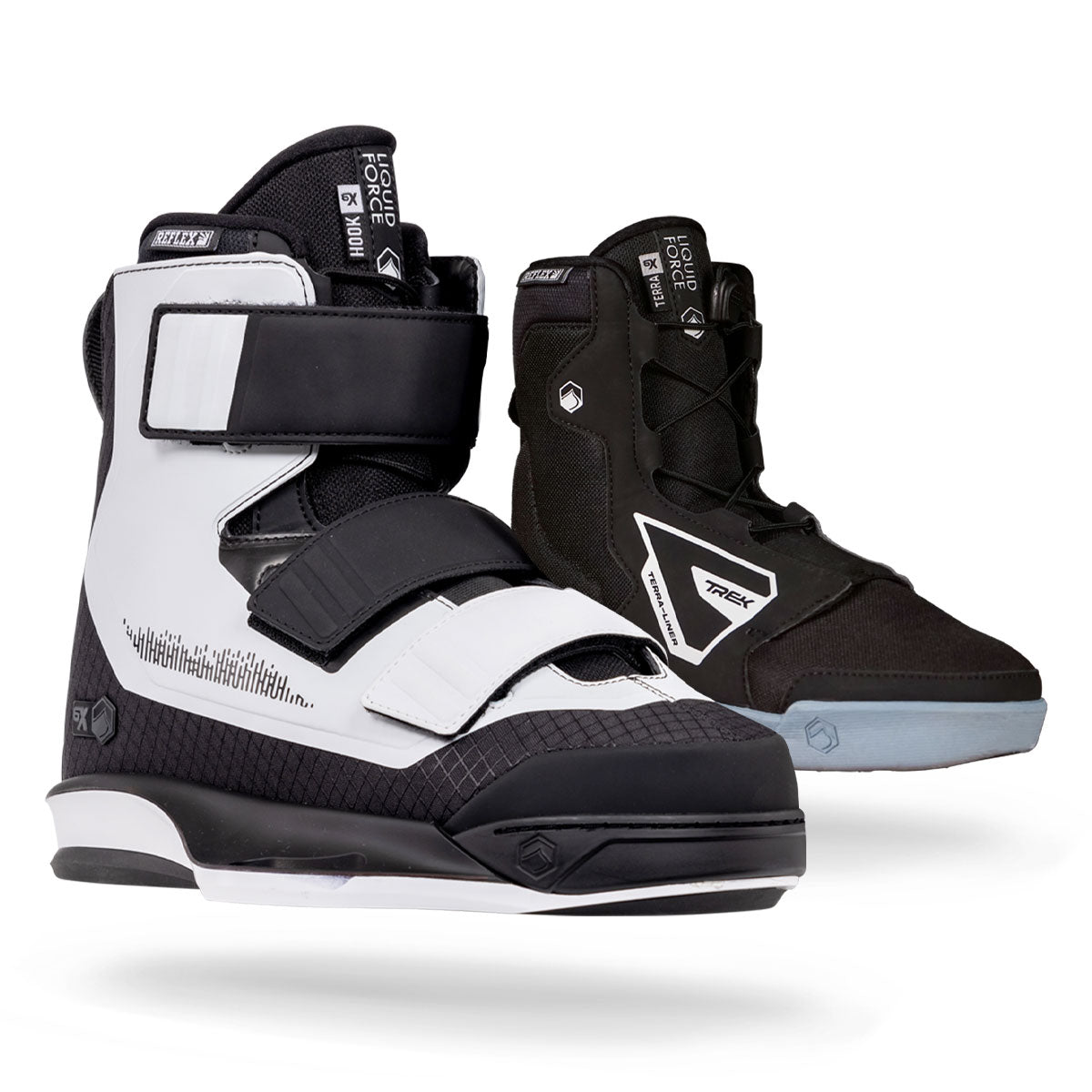 Black and white wake boots with adjustable straps on a white background.