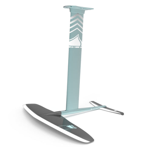 Front angled view of teal and white Horizon Surf 120 hydrofoil set on a white background.