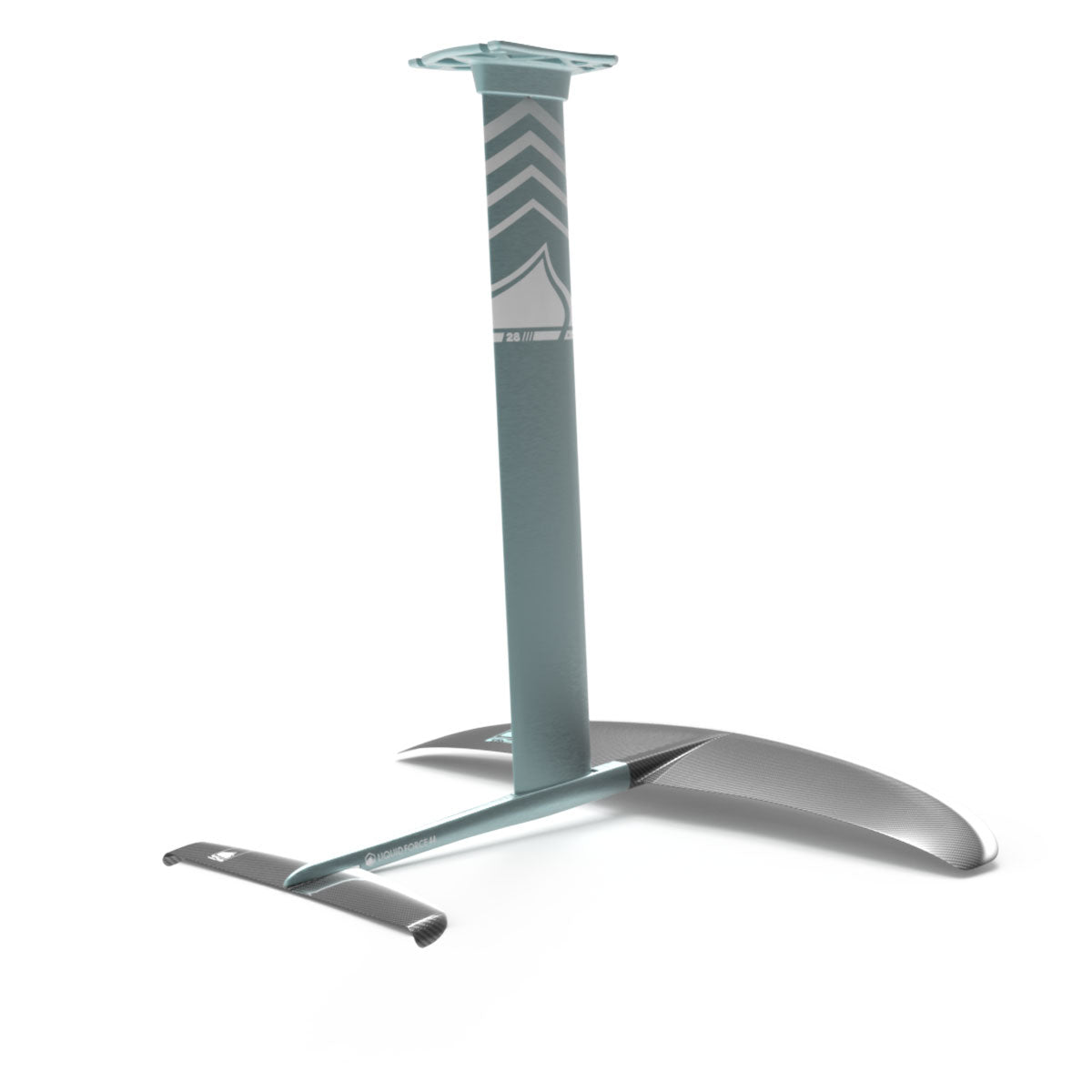 Front angled view of teal and white Horizon Surf 120 hydrofoil set on a white background.