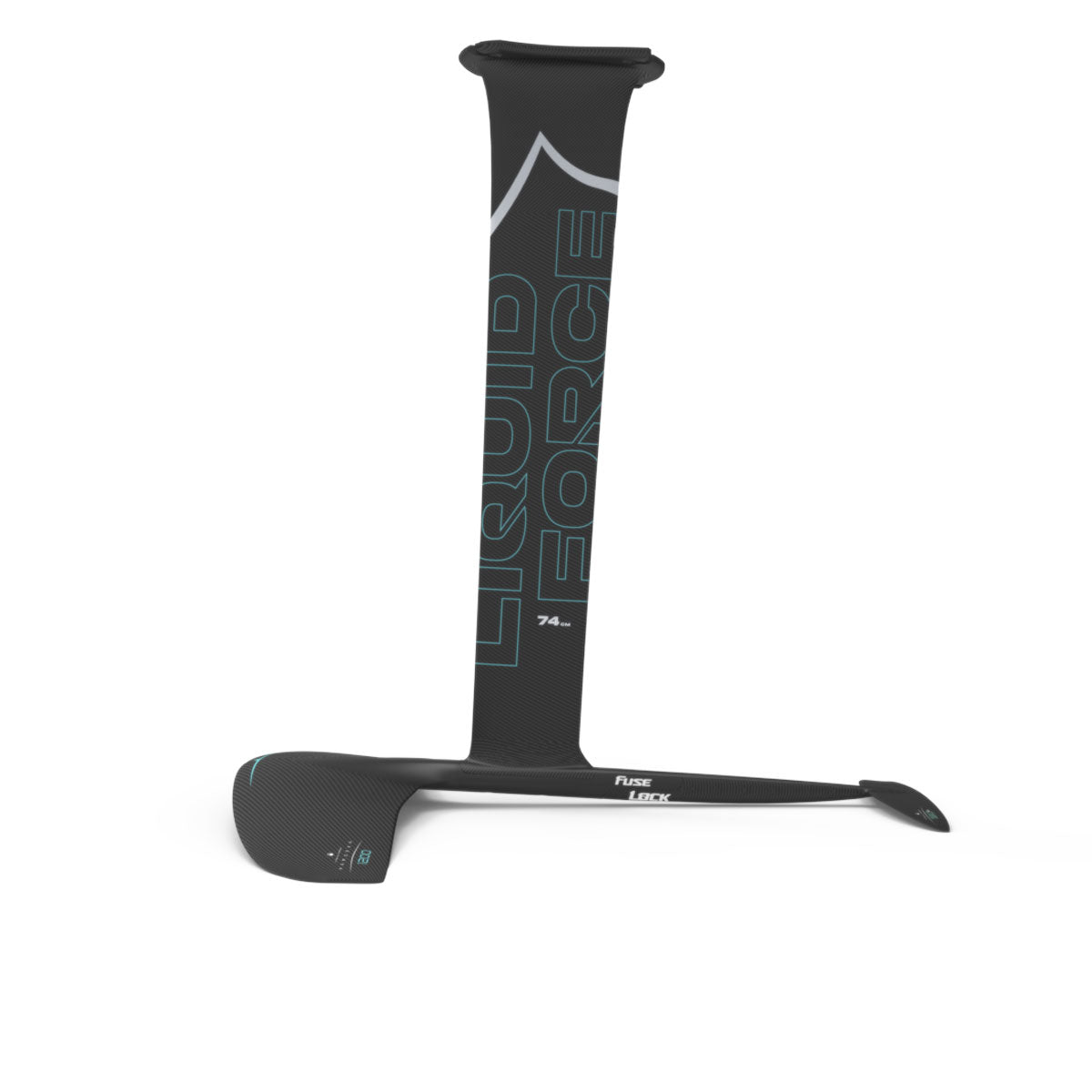 Side profile view of Liquid Force black Carbon Horizon 1200 FuseLock hydrofoil kit with white and teal accents.