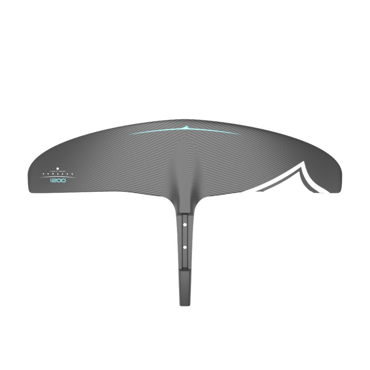 Top view of a black Carbon Horizon 1200 FuseLock Front Wing features with teal and white accents, against a black background.