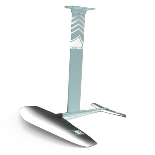 Front angled view of the teal and white Horizon Surf 155 hydrofoil set on a white background.