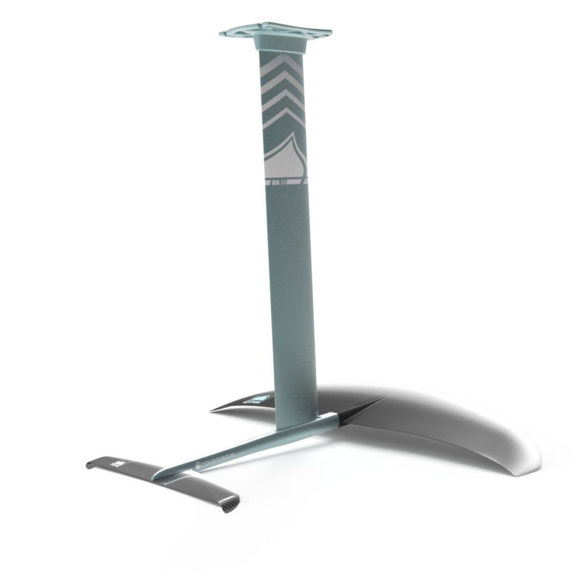 Front angled view of the teal and white Horizon Surf 155 hydrofoil set on a white background.