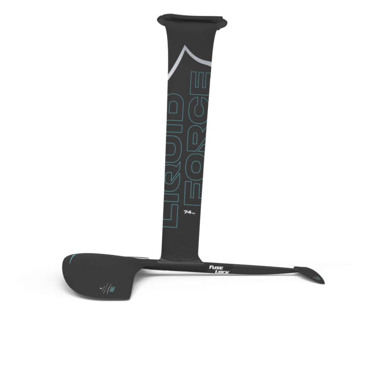 Side profile view of Liquid Force black Carbon Horizon 1550 FuseLock hydrofoil kit with white and teal accents.