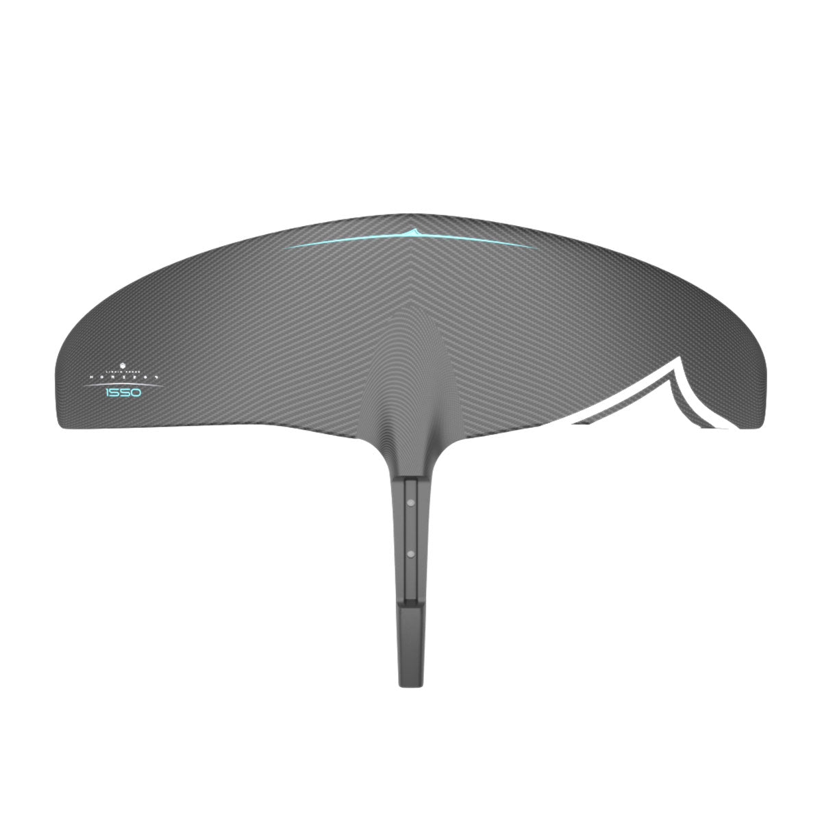Top view of a black Carbon Horizon 1550 FuseLock Front Wing features with teal and white accents, against a black background.