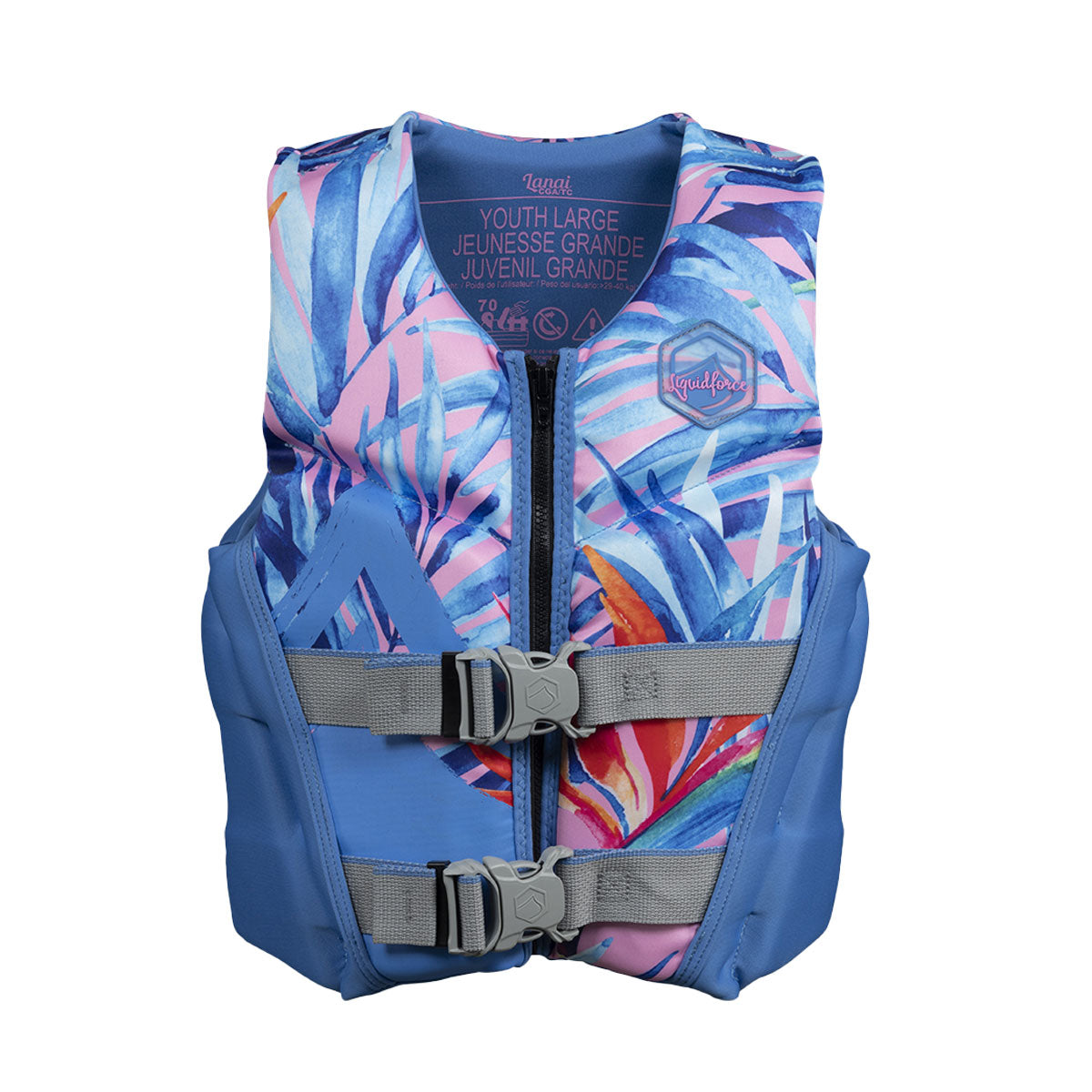 Front view of Lanai Youth CGA life jacket with abstract floral design and belt buckles.