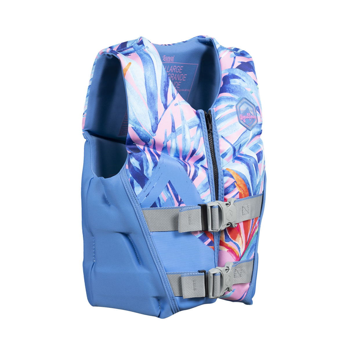 Front view of Lanai Youth CGA life jacket with abstract floral design and belt buckles.