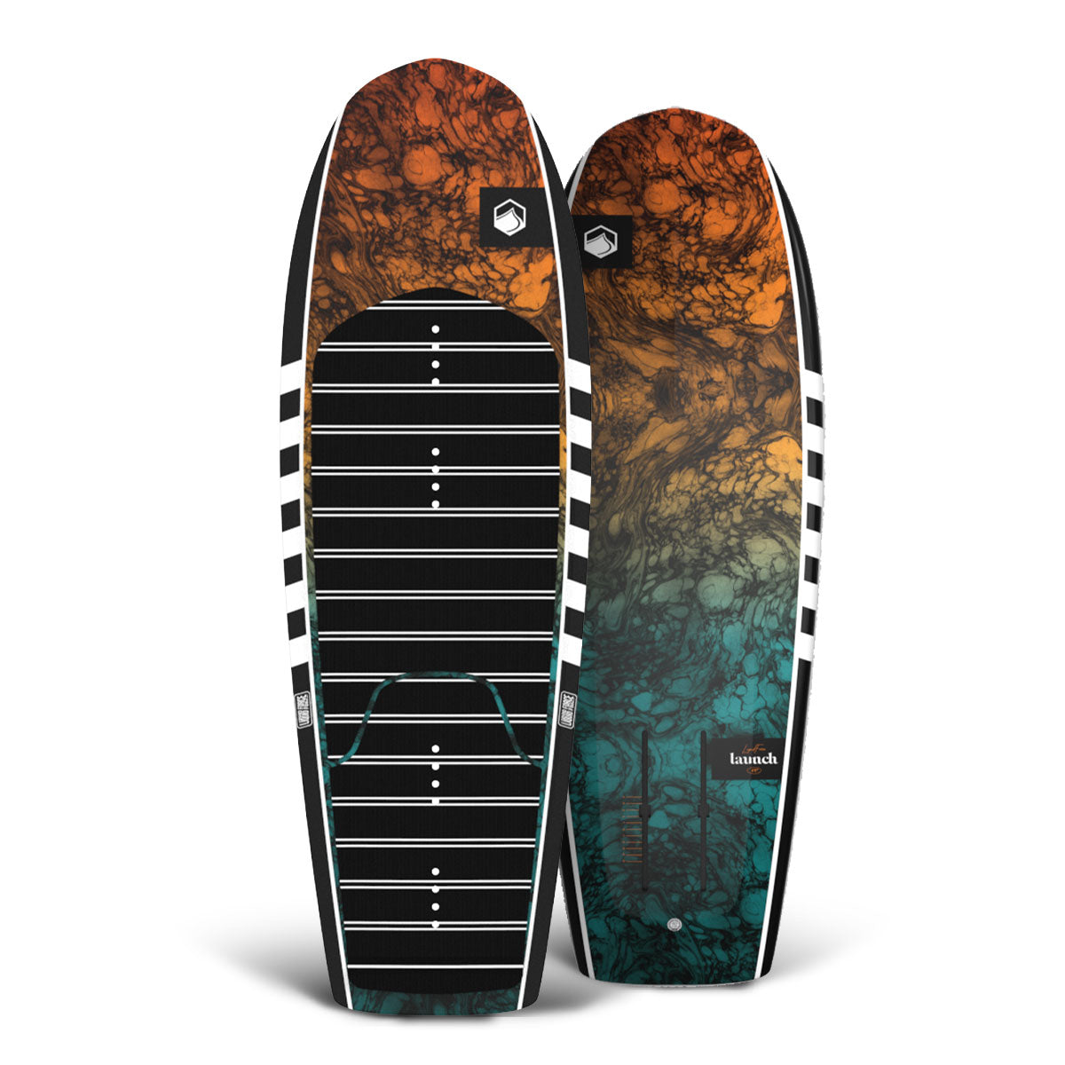 Top and bottom view of Launch Foil board with orange, black, and blue marbled designs.