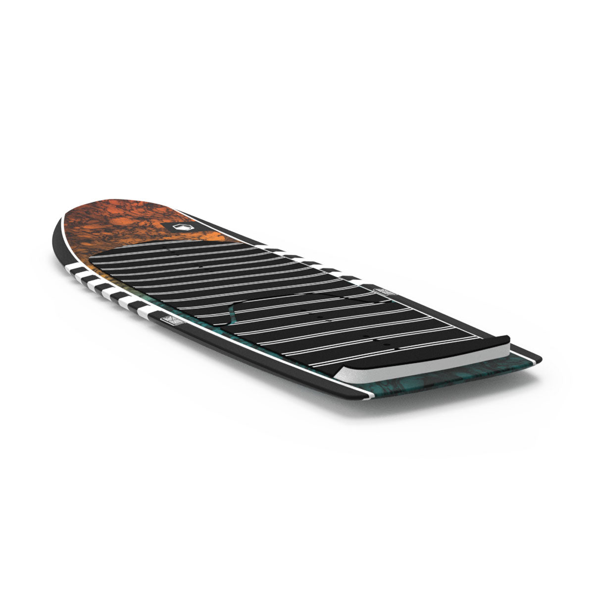 Angled shot of foil board top-sheet with sleek design and circuitry patterns.