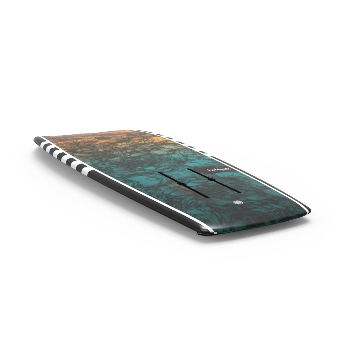 Angled bottom view of foil board with Abstract white board with black, teal, and orange design.