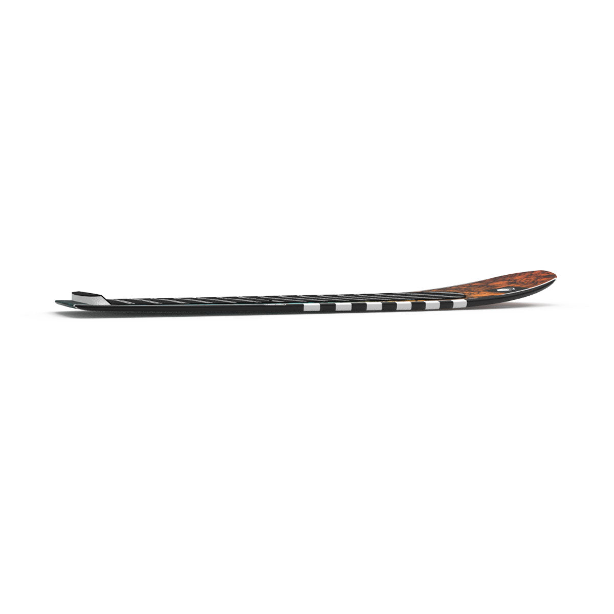 Side view of the Launch Foil, a striped black/white board with wood finish details.