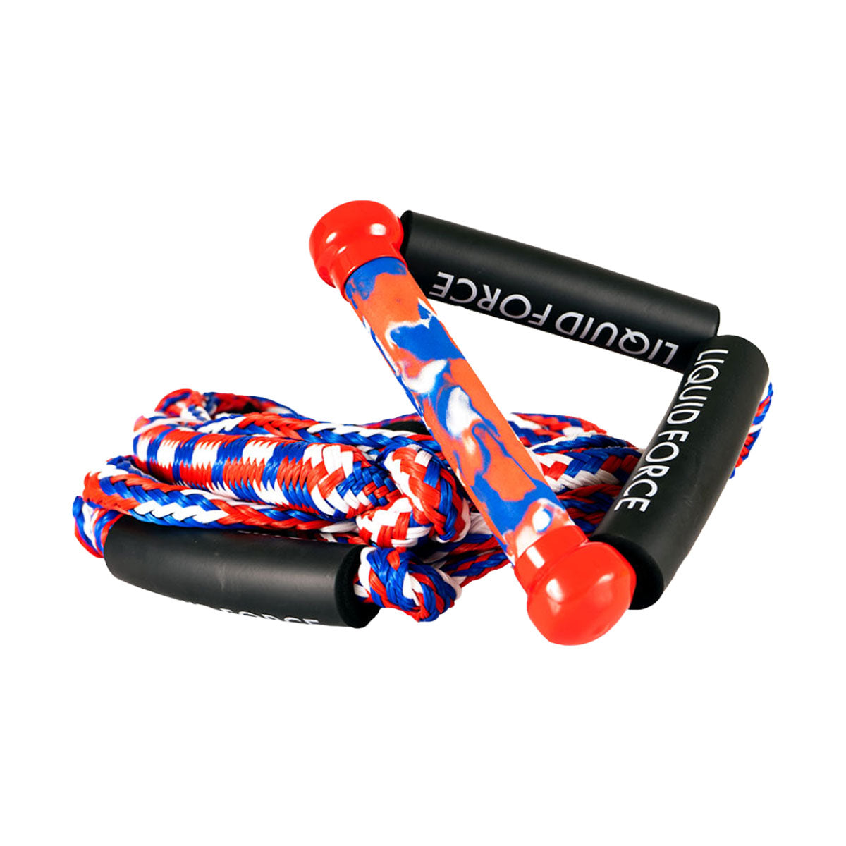 Learn to Surf rope and handle combo in red/white/blue pattern mainline with black floats and grip is red/white/blue as well with Liquid Force branding.