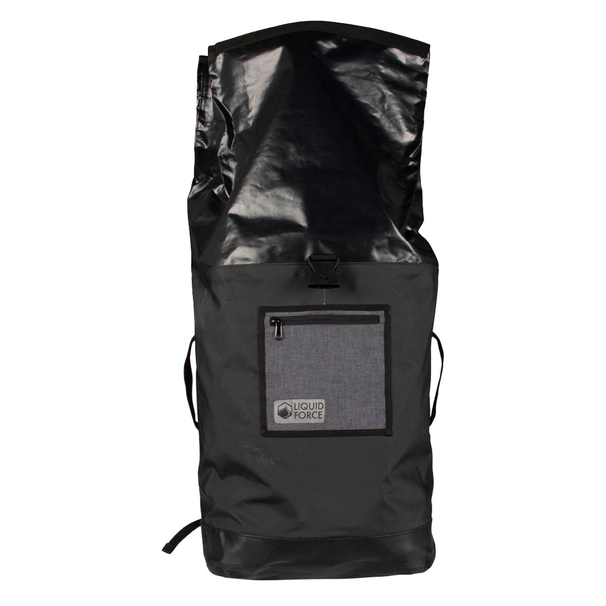 Black waterproof gear pack (60L-90L) with front pocket and Liquid Force logo.