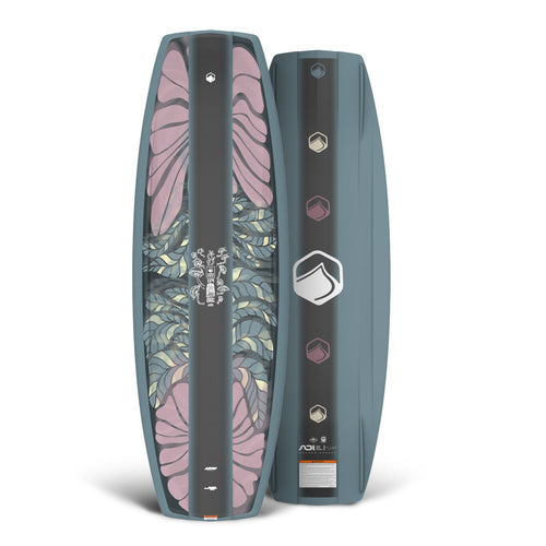 Front and back view of grey & pink wakeboard, one with a floral design, the other black and gray.