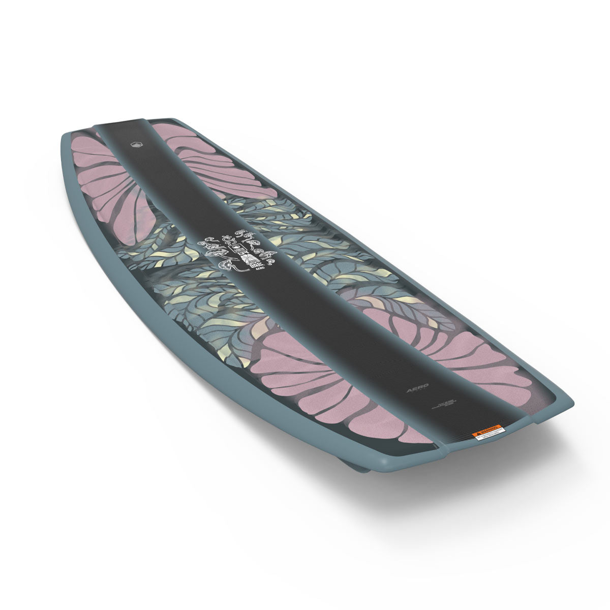 Front and back view of grey & pink wakeboard, one with a floral design, the other black and gray.