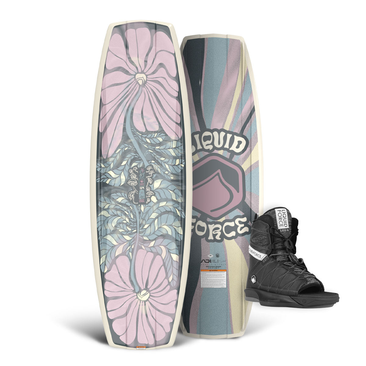 M.E. w/ Classic 6X OT: Wakeboard with pink floral design and black boot bindings package.