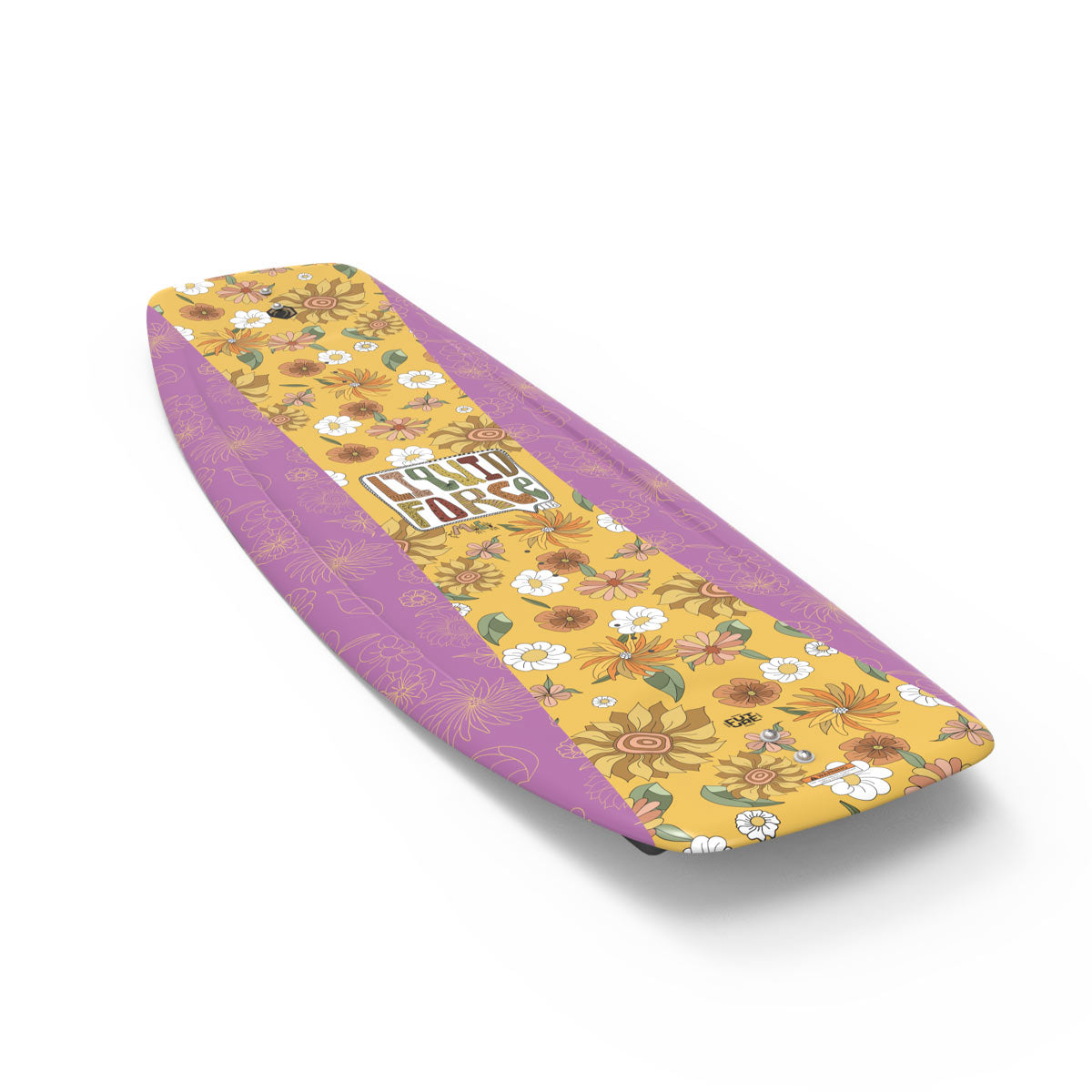 Top and bottom view of vivid wakeboard with floral art and the other with abstract designs, are displayed side by side.