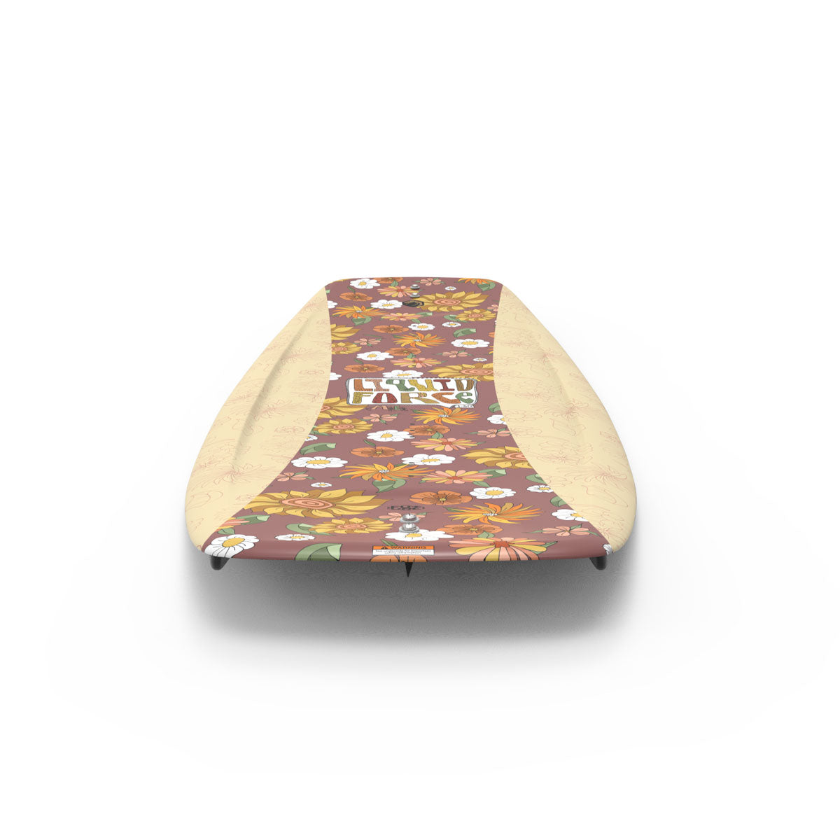 The Liquid Force M.E. FS features a retro floral pattern in vibrant orange, yellow, and white against a plain background.