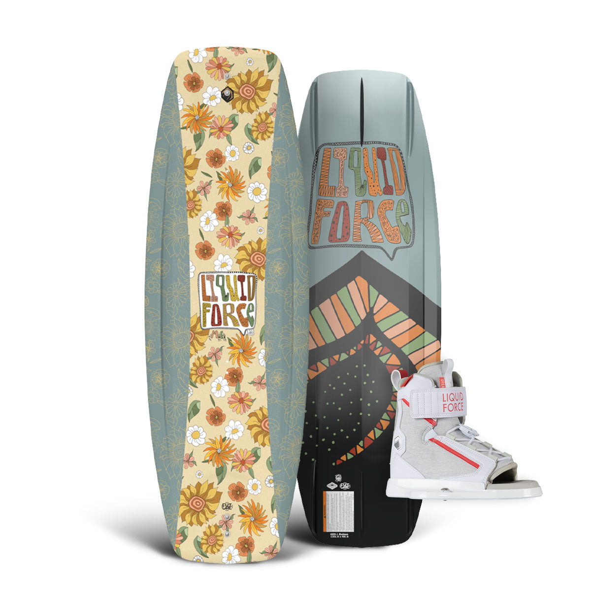 Two M.E. FS wakeboards, floral &amp; geometric, perfect for a boat wakeboard package.