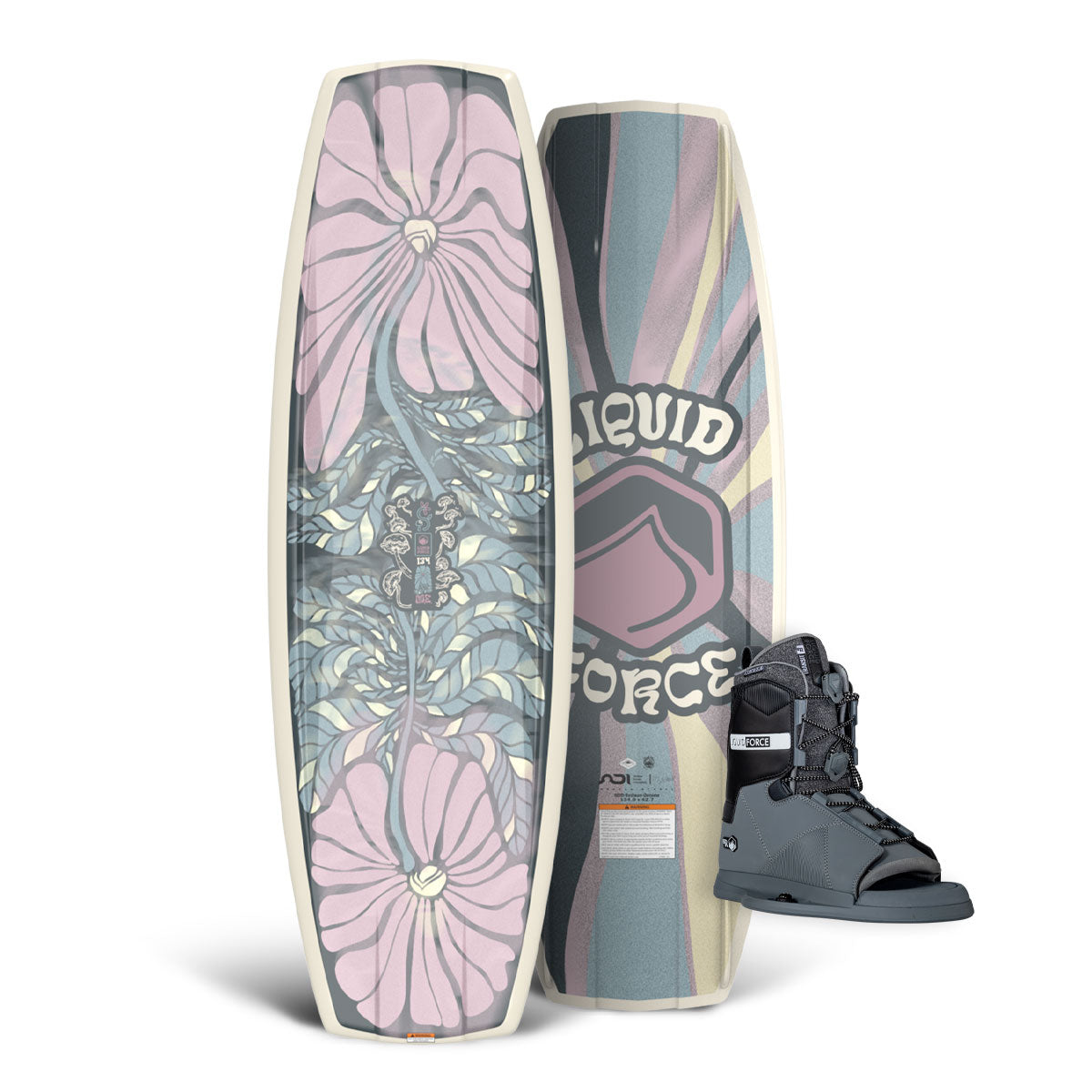 Boat wakeboard package with M.E. w/ Transit 6R and floral design boots, featuring branding.