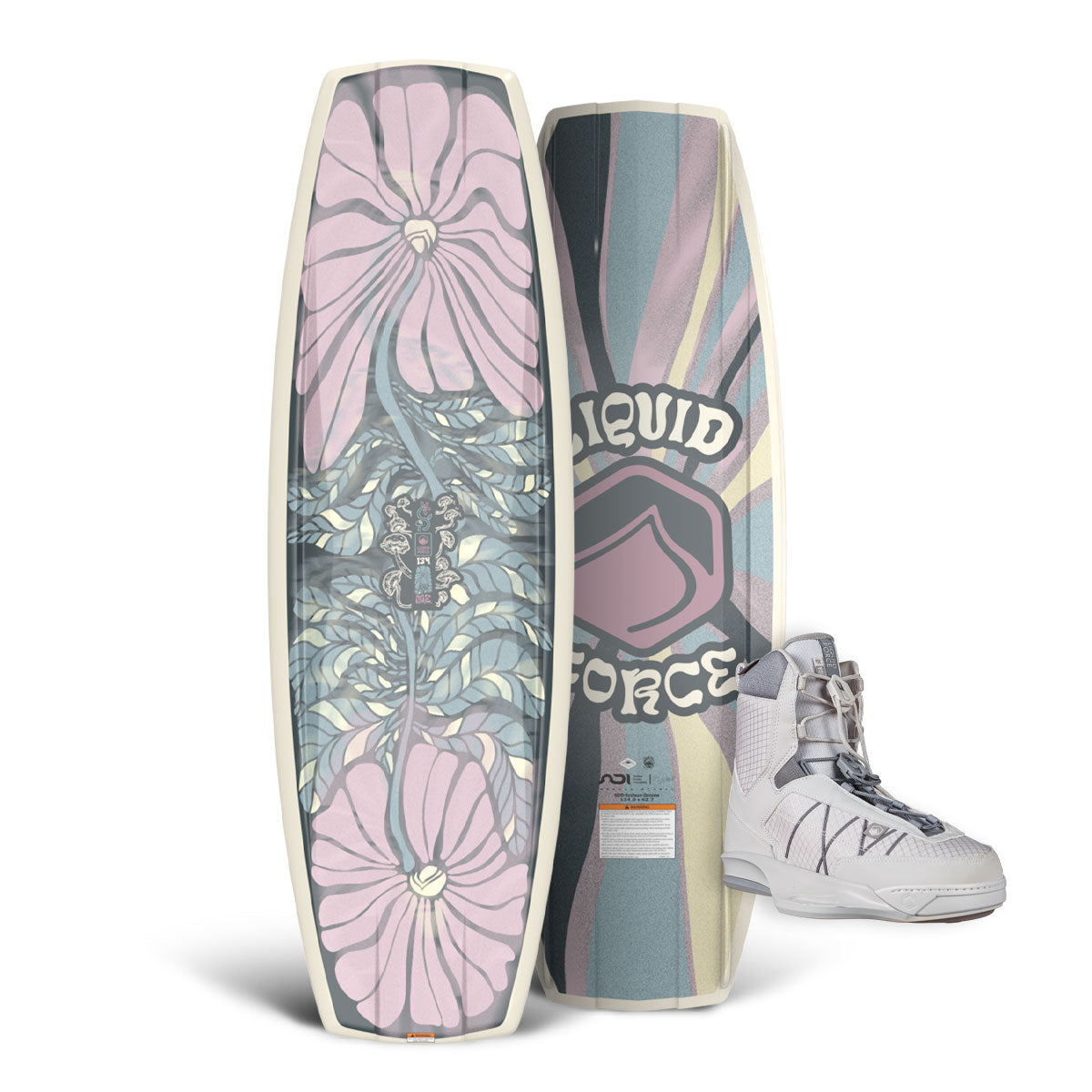 M.E. w/ Vida 6X: Floral wakeboard with boot, ideal for boat wakeboard setup.