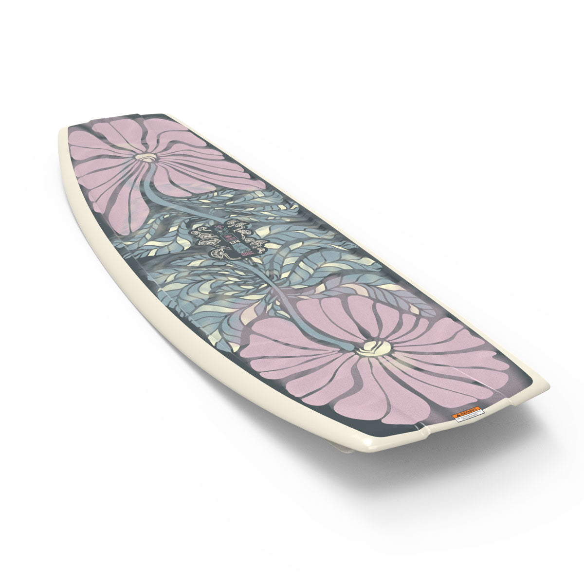 Top and bottom view of wakeboard with pink, purple, and teal floral designs.