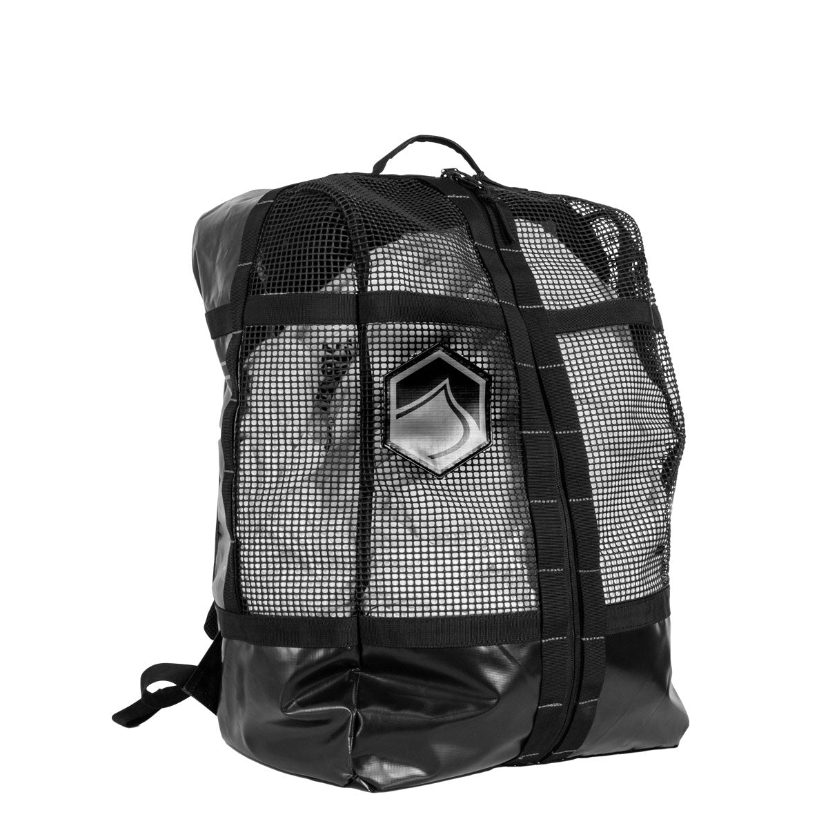 Mesh Wet Gear Bag: black with sturdy straps, front logo, and mesh top.