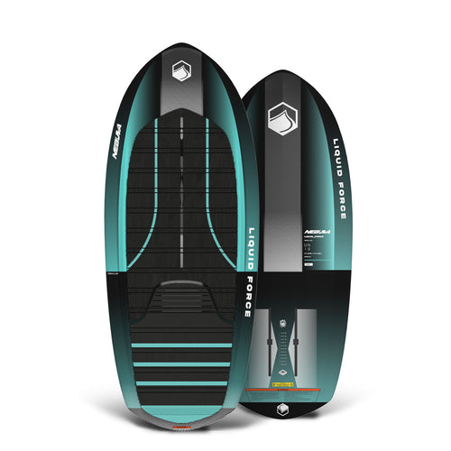 Top and bottom view of Nebula Foil board in black and teal, showing branding and deck detail.