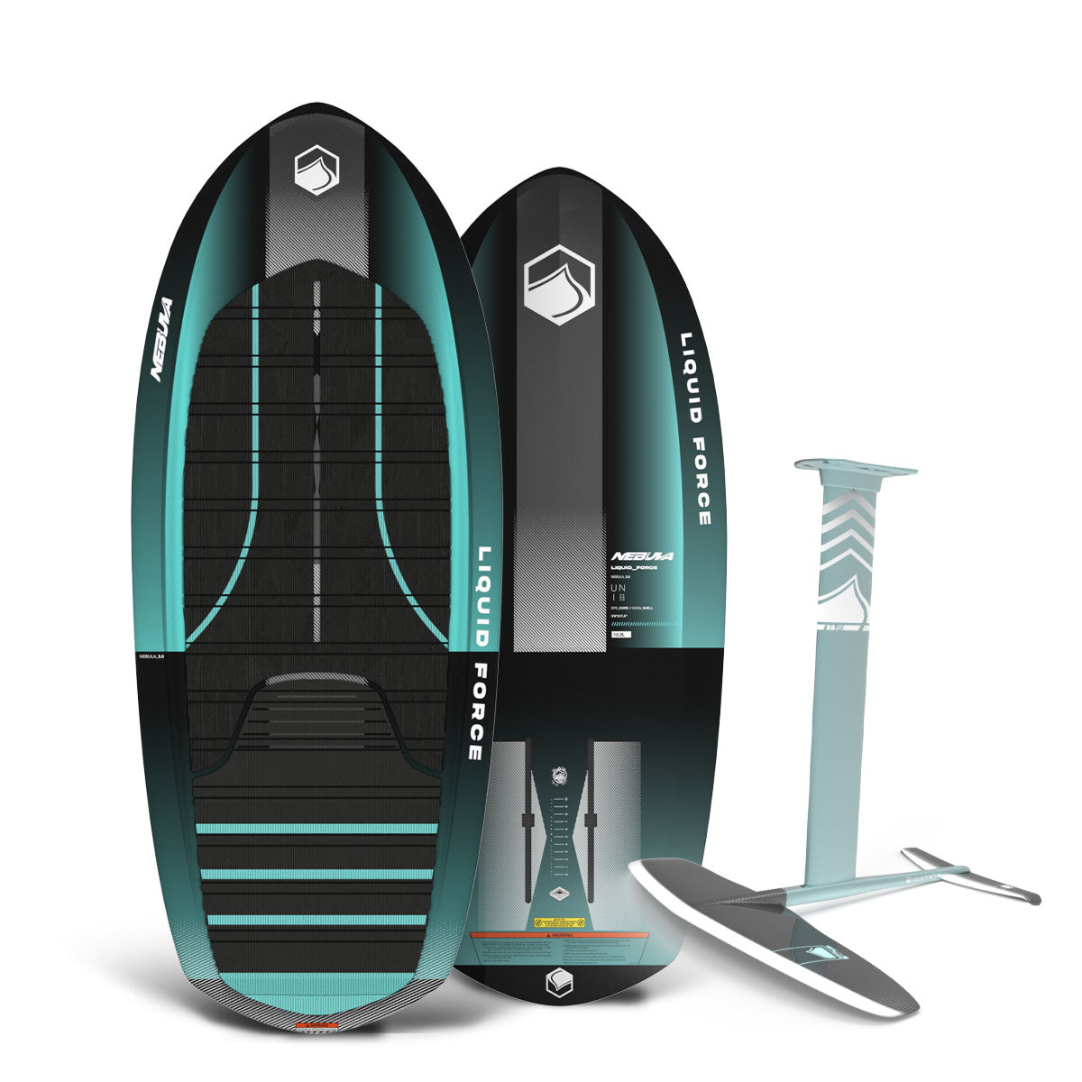 Top and bottom view of teal and black hydrofoil package.
