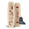 Top and bottom view of Noodle wakeboard with red geometric design and gray binding, part of the Park Package.