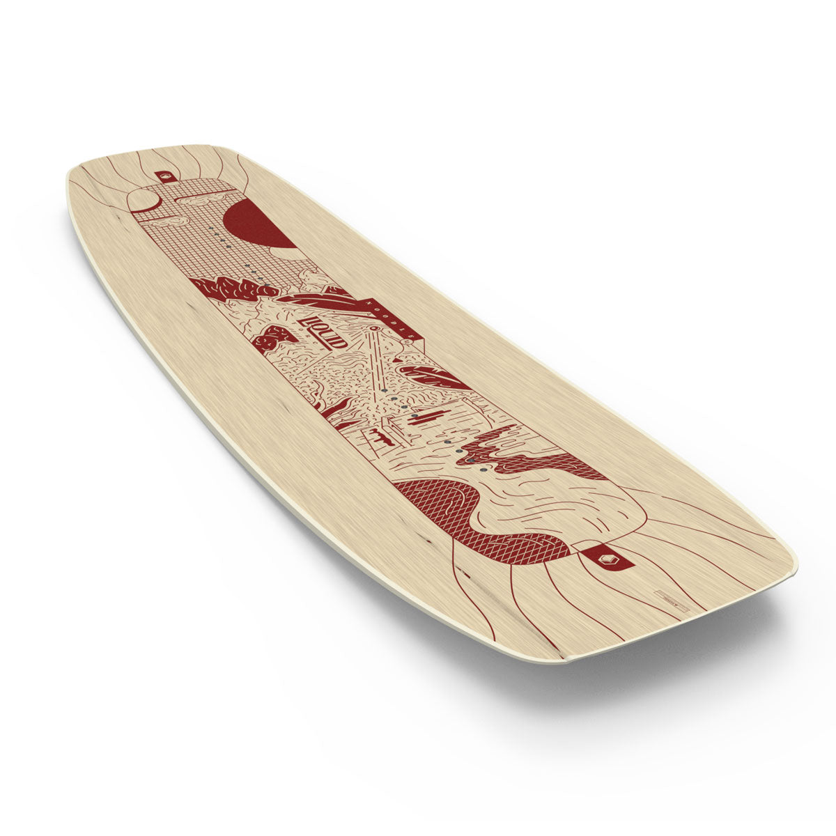 Top and bottom view of sandalwood wakeboard with maroon designs and LOUD branding by Liquid Force.