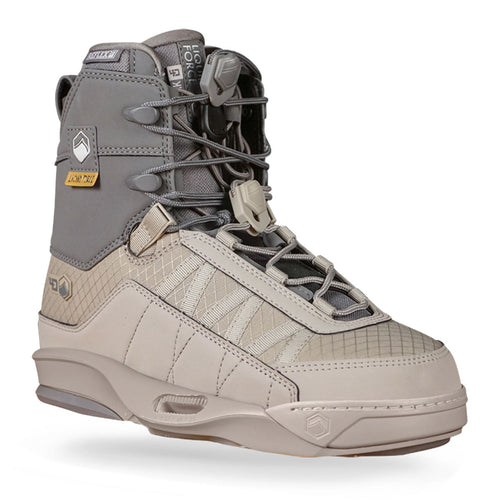 Gray and beige wakeboard bindings with detailed lacing, textured panels, a logo on the upper side.