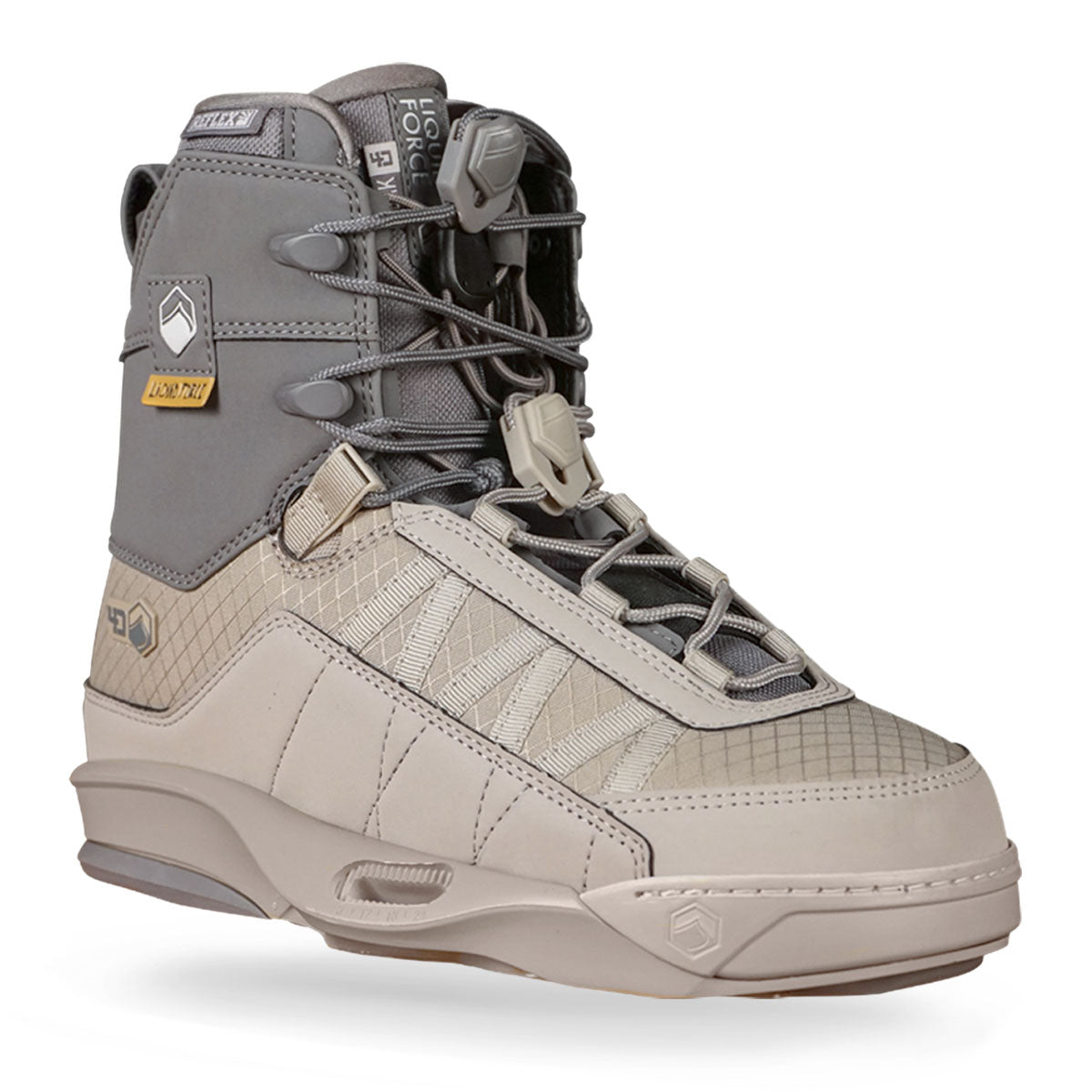 Gray and beige wakeboard bindings with detailed lacing, textured panels, a logo on the upper side.