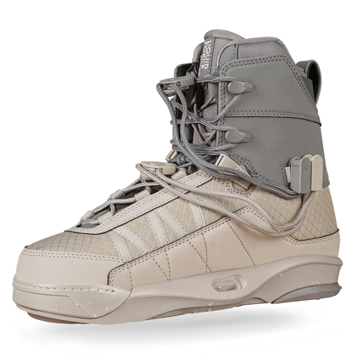 Side view of a light beige and grey wakeboard boot with a textured design, secured lacing &amp; ankle support.
