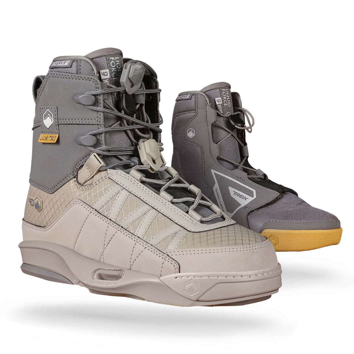 Gray and beige wakeboard bindings with detailed lacing, textured panels, a logo on the upper side.