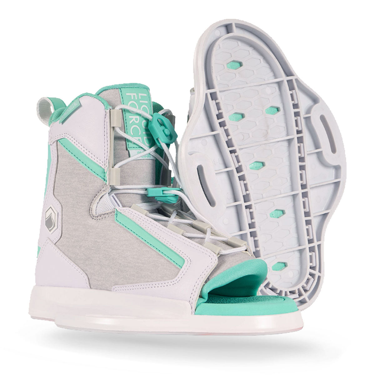 Wakeboard bindings in teal and gray with an open toe, straps, and an adjustable lace closure.