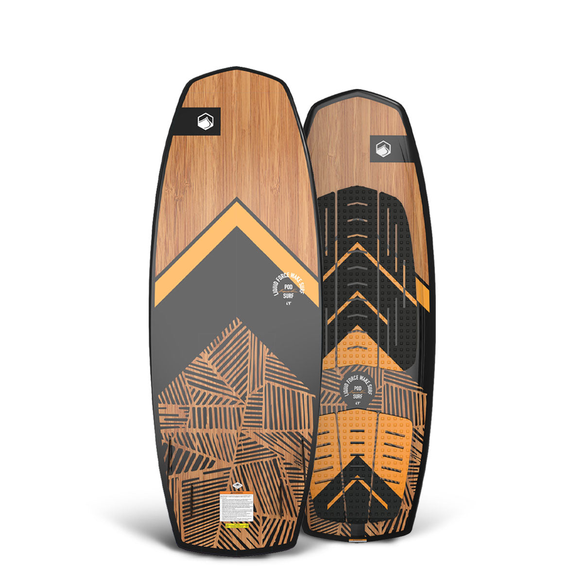 Top and bottom view of Liquid Force wakesurfboard in brown and black geometric designs, shown vertically side by side.