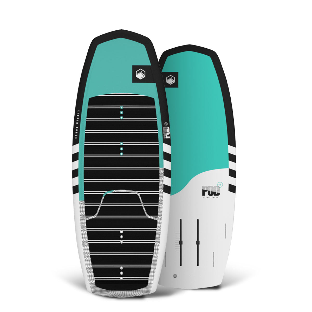 Top and bottom view of POD Foil board: aqua/white with black accents and striped patterns.