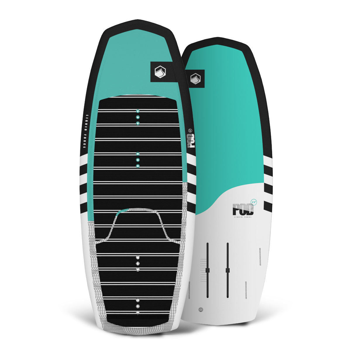 Top and bottom view of POD Foil: teal/white foilboards with black stripes &amp; logo.