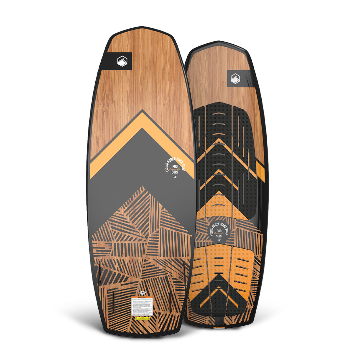 Top and bottom view of wakesurf board with detailed geometric designs and wood finish.