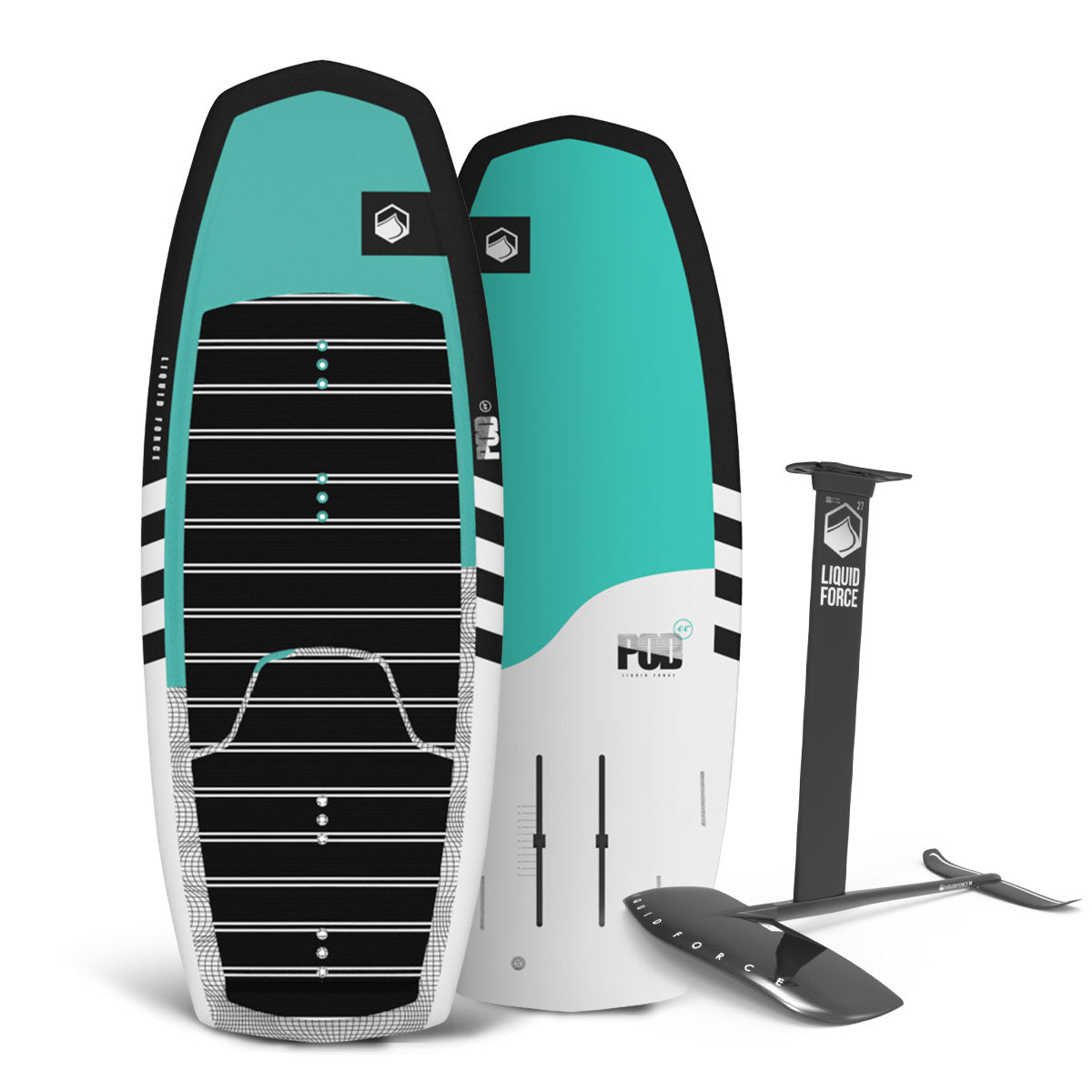 Top and bottom view of teal, black, and white foil board and black hydrofoil package.