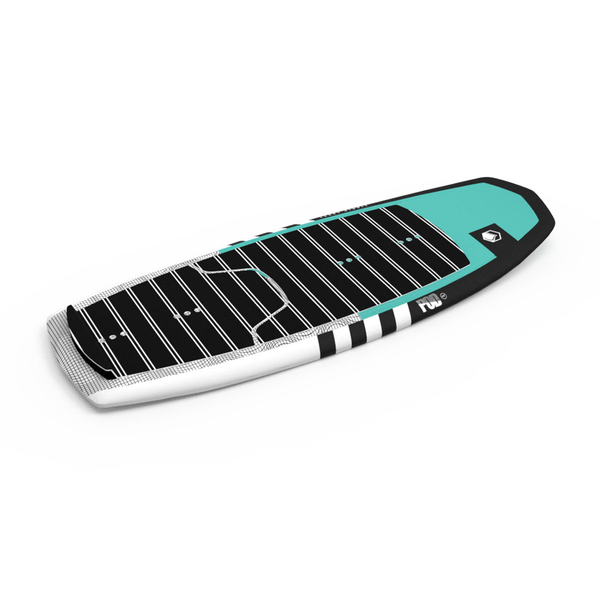 Top and bottom view of POD Foil board: aqua/white with black accents and striped patterns.