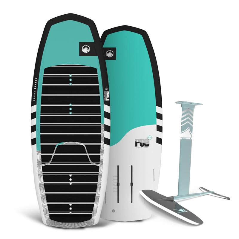 Top and bottom view of teal, white, and black hydrofoil package.