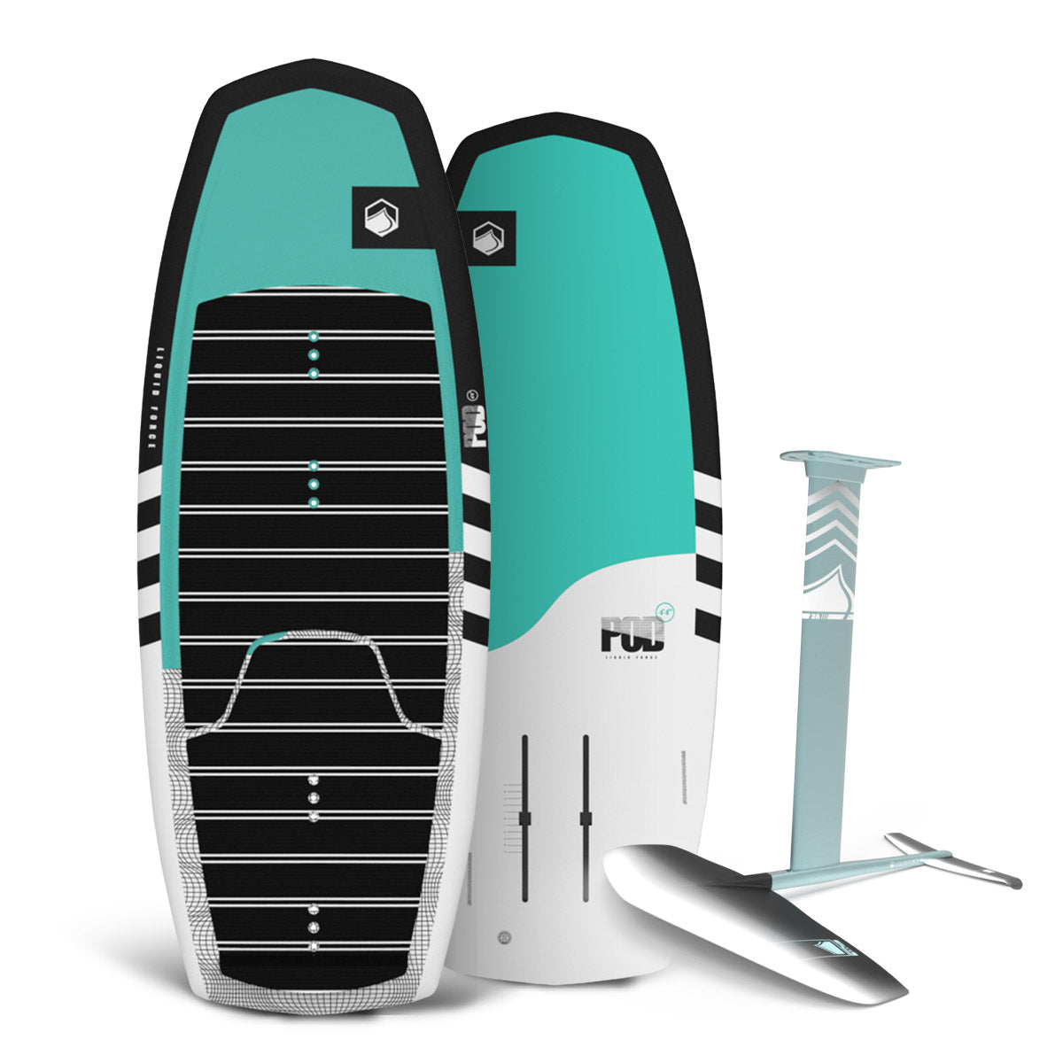 Top and bottom view of teal, white, and black hydrofoil package.